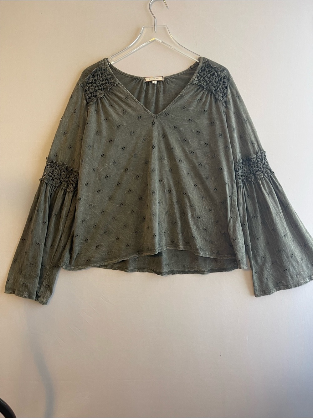 Anthropologie Green Eyelet Bell Sleeve Top M